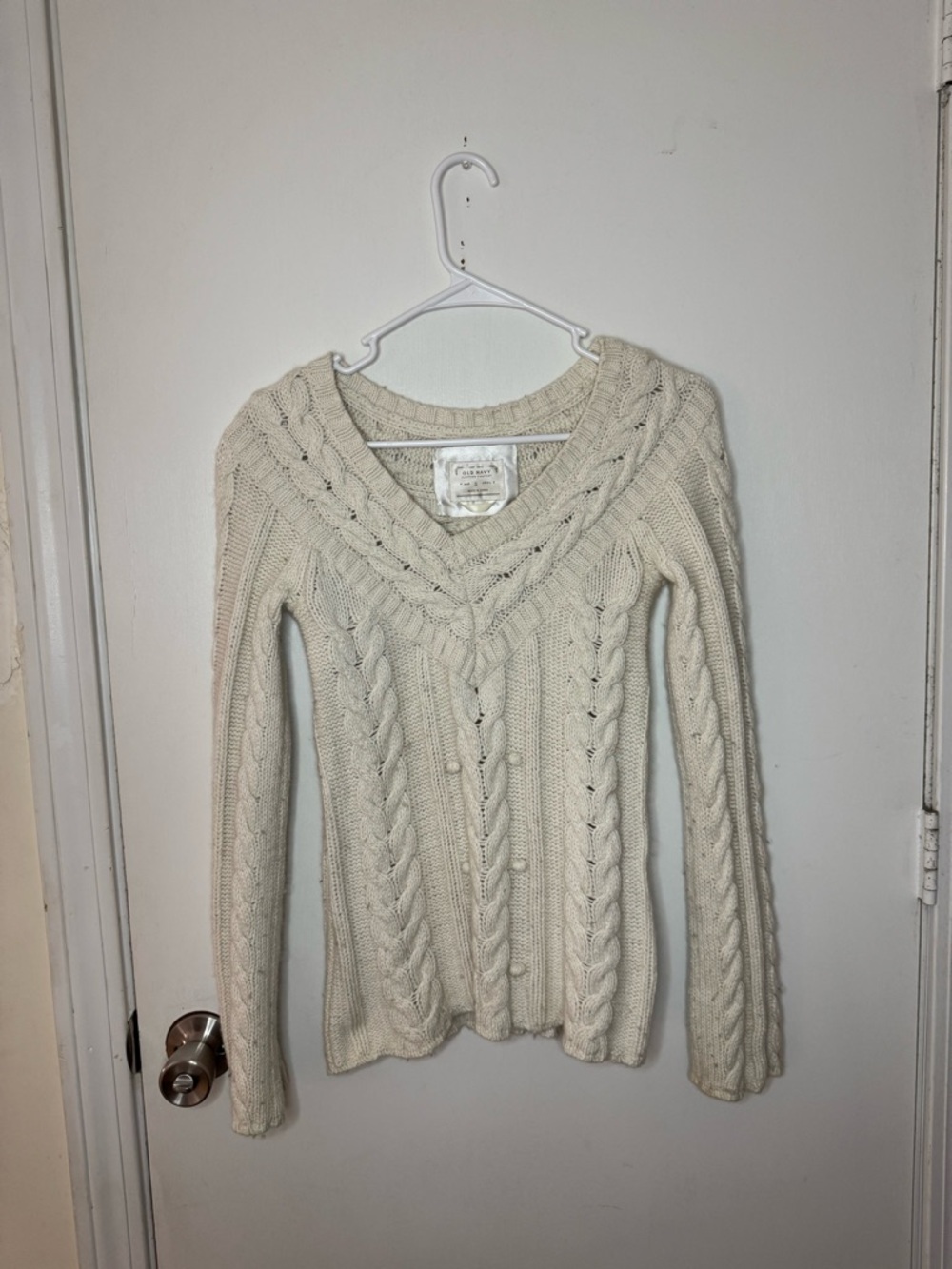 Vintage Old Navy Cable Knit V-Neck Sweater - Cream - Cotton/Lambs Wool Blend